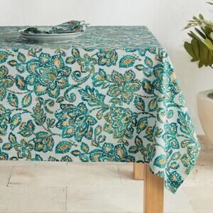 Williams Sonoma Tropical Palampore Tablecloth 70" x 108" Teal Blue Yellow Floral